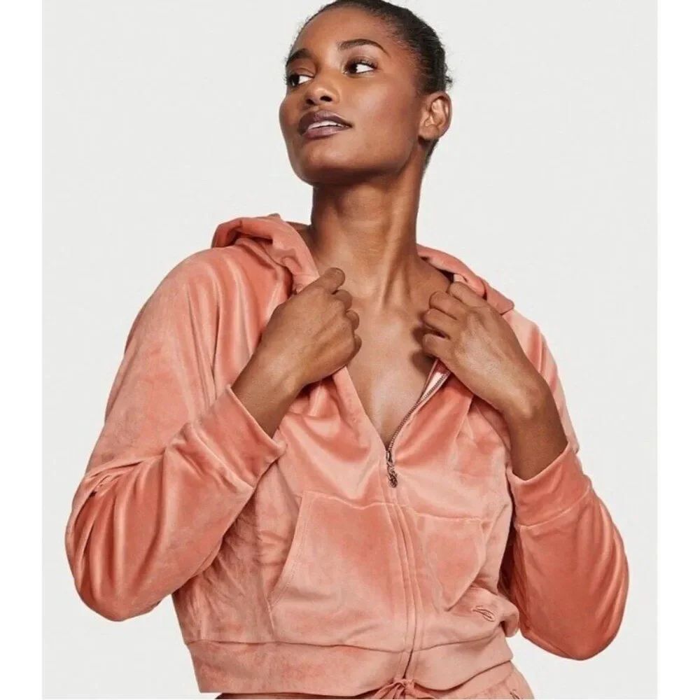 Victoria’s Secret On point peach Rose Canyon velour hoodie Crop Jacket Large